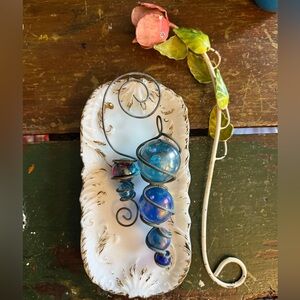 Vintage Pair Metal Spiral Iridescent Glass Gazing Ball Garden Hangers